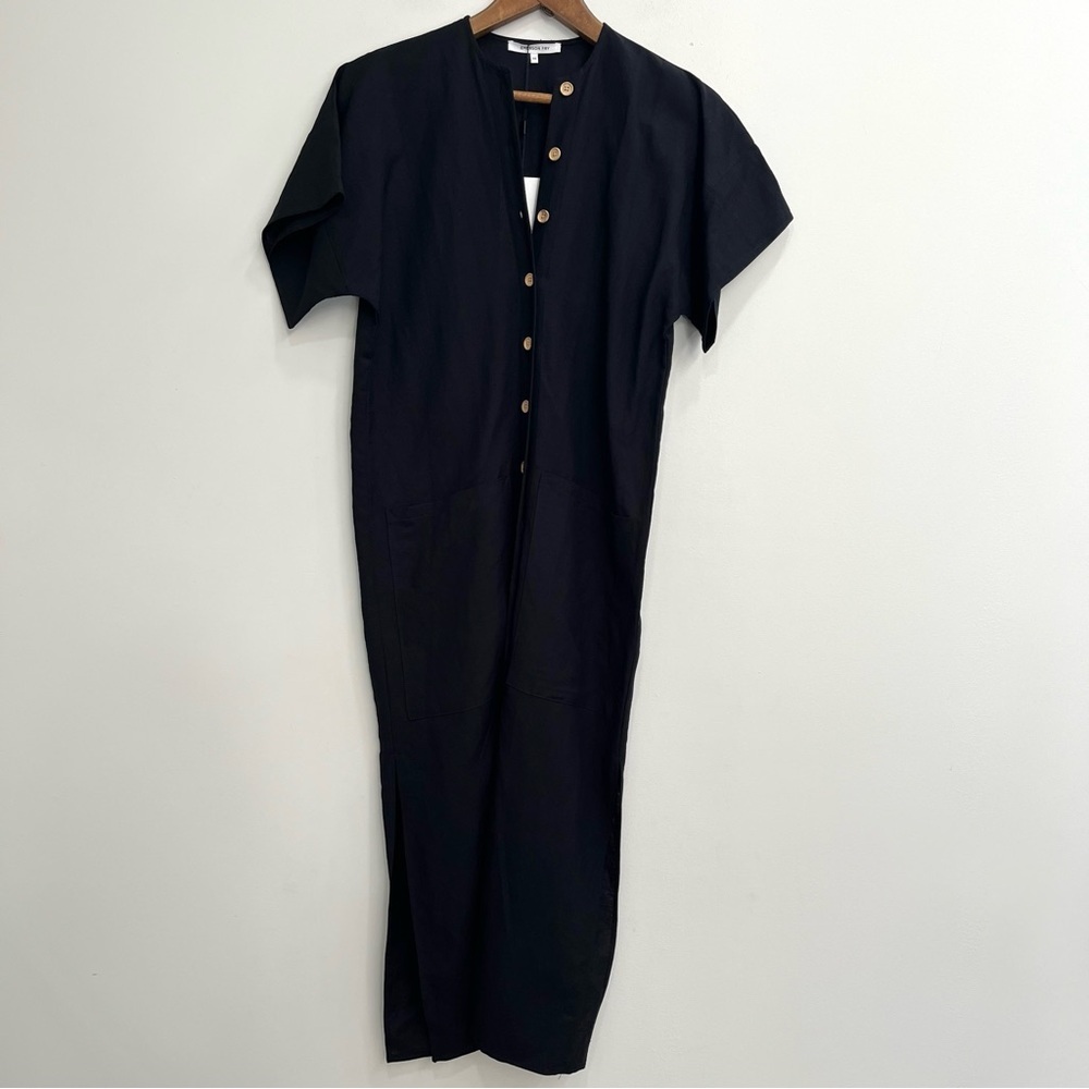 Emerson Fry Desert Midi Dress Black Short Sleeve Full Button Front Linen Blend - Picture 4 of 14